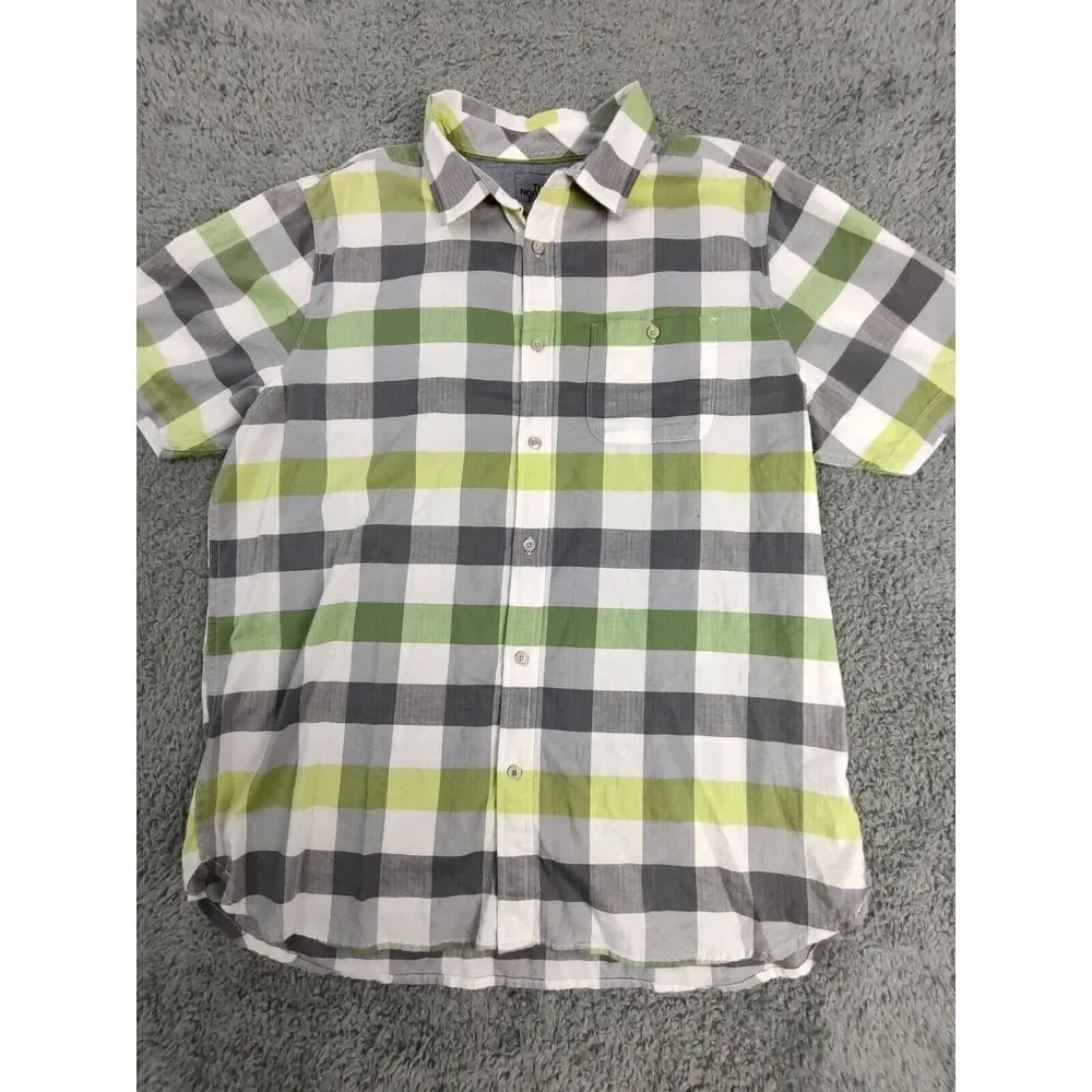 The North‎ Face Men's Shirt XL Gray Yellow Plaid Short Sleeve Button Up Outdoor
